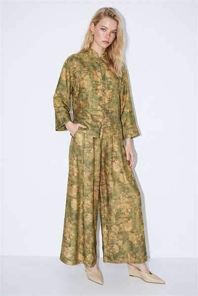 Kadın Çiçek Desenli Hakim Yaka Kimono Cepli Palazzo Pantolon Takım 2315 60286488 - Yeşil