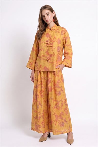 Kadın Çiçek Desenli Hakim Yaka Kimono Cepli Palazzo Pantolon Takım 2315 60286488 - Hardal ALT - ÜST TAKIM modelleri