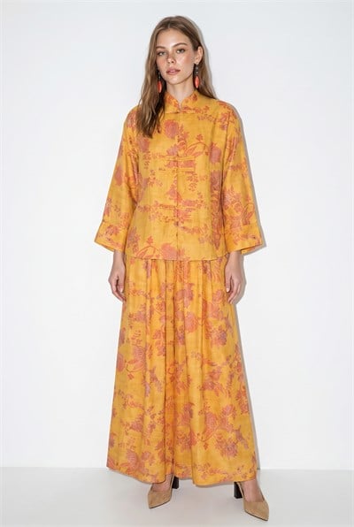 Kadın Çiçek Desenli Hakim Yaka Kimono Cepli Palazzo Pantolon Takım 2315 60286488 - Hardal