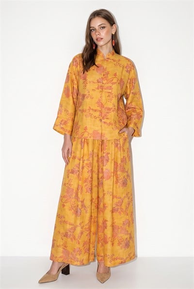 Kadın Çiçek Desenli Hakim Yaka Kimono Cepli Palazzo Pantolon Takım 2315 60286488 - Hardal
