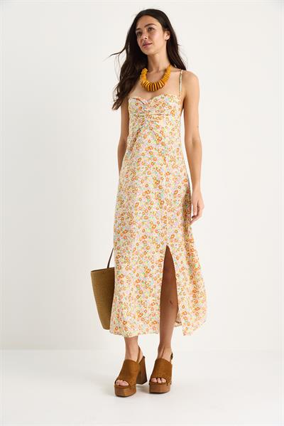 Kadın Çiçek Desenli İnce Askılı Gipe Detaylı Yırtmaçlı Viskon Elbise 4071 60283391 - Turuncu-Sarı