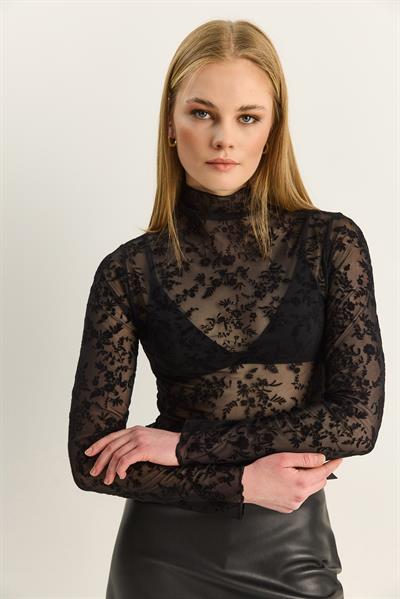 Kadın Çiçek Desenli Yarı Transparan Boğazlı Tül Bluz 6115 60283923 - Siyah