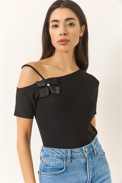 Kadın Çiçek Detaylı Tek Kolu İnce Askılı Ottonom Bluz 948 60283230 - Siyah