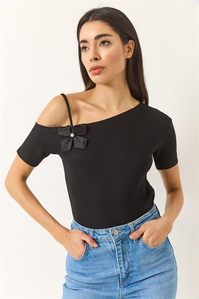 Kadın Çiçek Detaylı Tek Kolu İnce Askılı Ottonom Bluz 948 60283230 - Siyah