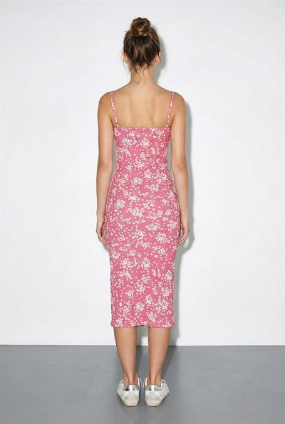 Kadın Çiçekli Yırtmaçlı Yazlık Örme Elbise 70293 60271048 - Pembe