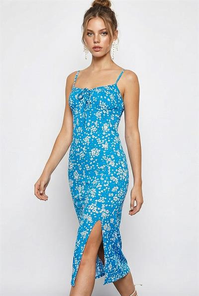 Kadın Çiçekli Yırtmaçlı Yazlık Örme Elbise 70293 60271048 - Mavi