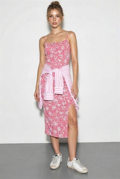 Kadın Çiçekli Yırtmaçlı Yazlık Örme Elbise 70293 60271048 - Pembe