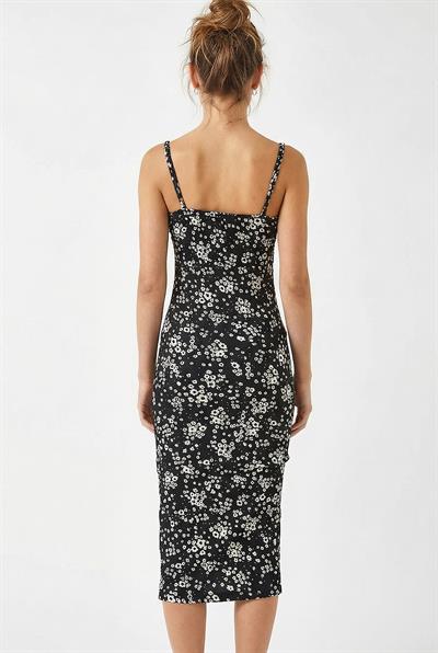 Kadın Çiçekli Yırtmaçlı Yazlık Örme Elbise 70293 60271048 - Siyah