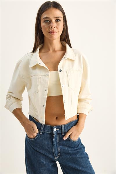 Kadın Çift Cep Detaylı Çıtçıt Kapamalı Mevsimlik Denim Ceket 60282057 - Krem