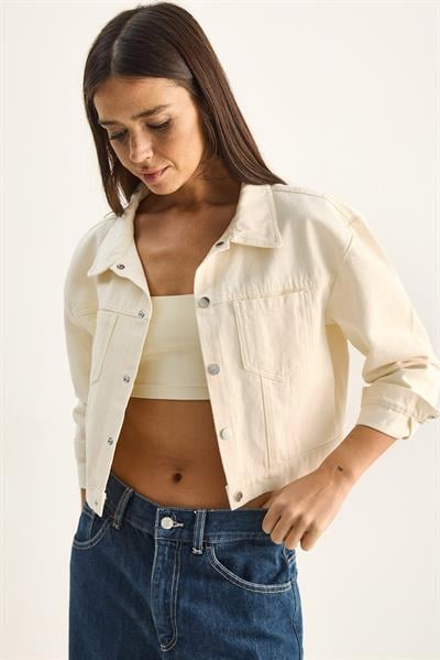 Kadın Çift Cep Detaylı Çıtçıt Kapamalı Mevsimlik Denim Ceket 60282057 - Krem