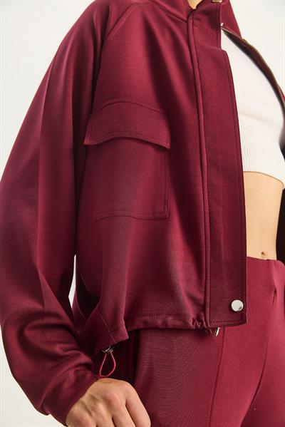 Kadın Çift Cep Detaylı Fermuarlı Lastik Bel Ceketli Bol Pantolonlu Modal Takım 4035 60283606 - Bordo