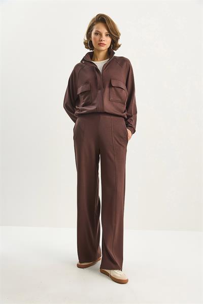 Kadın Çift Cep Detaylı Fermuarlı Lastik Bel Ceketli Bol Pantolonlu Modal Takım 4035 60283606 - Kahverengi