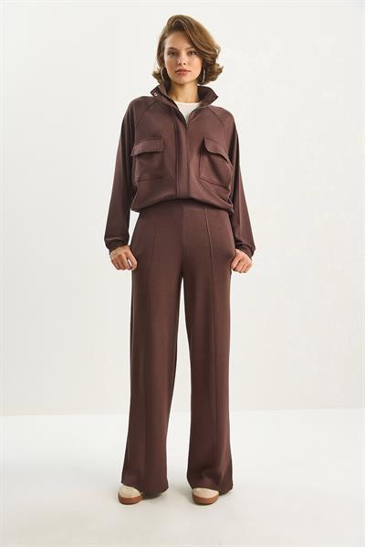 Kadın Çift Cep Detaylı Fermuarlı Lastik Bel Ceketli Bol Pantolonlu Modal Takım 4035 60283606 - Kahverengi