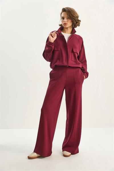 Kadın Çift Cep Detaylı Fermuarlı Lastik Bel Ceketli Bol Pantolonlu Modal Takım 4035 60283606 - Bordo