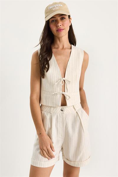 Kadın Çift Çizgili Bağlama Detaylı Yelek Yüksek Bel Şortlu Keten Takım 9376 60281069 - Bej