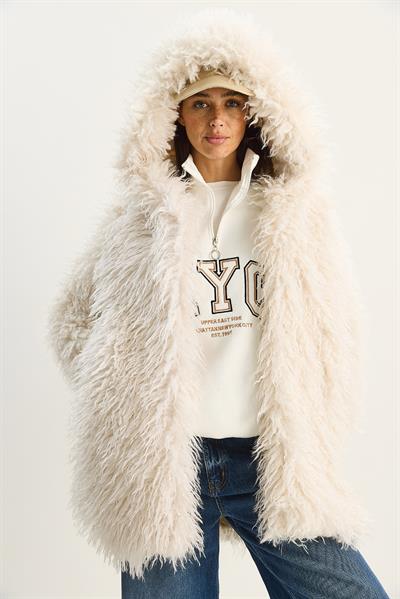 Kadın Çift Düğme Detaylı Kapüşonlu Astarlı Tibet Kaban 2765 60281119 - Kemik