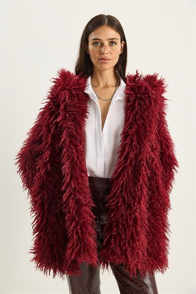 Kadın Çift Düğme Detaylı Kapüşonlu Astarlı Tibet Kaban 2765 60281119 - Bordo