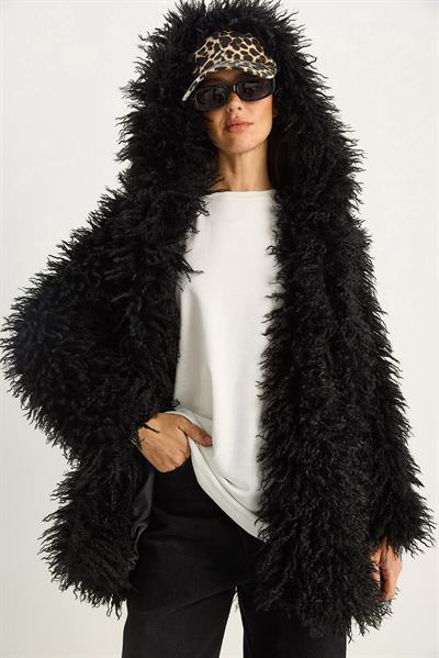 Kadın Çift Düğme Detaylı Kapüşonlu Astarlı Tibet Kaban 2765 60281119 - Siyah