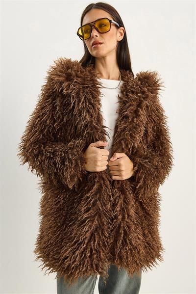 Kadın Çift Düğme Detaylı Kapüşonlu Astarlı Tibet Kaban 2765 60281119 - Kahverengi