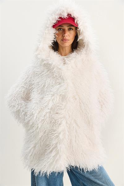 Kadın Çift Düğme Detaylı Kapüşonlu Astarlı Tibet Kaban 2765 60281119 - Beyaz