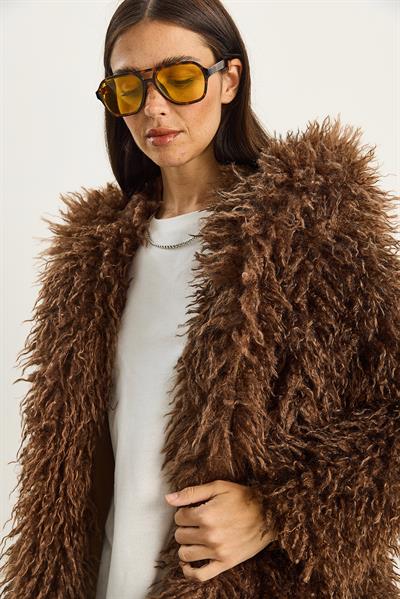 Kadın Çift Düğme Detaylı Kapüşonlu Astarlı Tibet Kaban 2765 60281119 - Kahverengi