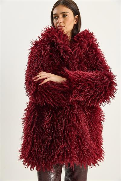 Kadın Çift Düğme Detaylı Kapüşonlu Astarlı Tibet Kaban 2765 60281119 - Bordo