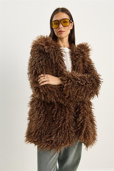 Kadın Çift Düğme Detaylı Kapüşonlu Astarlı Tibet Kaban 2765 60281119 - Kahverengi