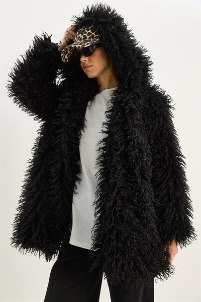 Kadın Çift Düğme Detaylı Kapüşonlu Astarlı Tibet Kaban 2765 60281119 - Siyah