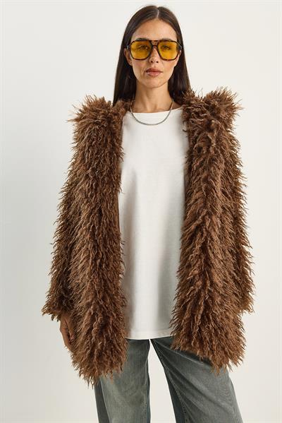 Kadın Çift Düğme Detaylı Kapüşonlu Astarlı Tibet Kaban 2765 60281119 - Kahverengi