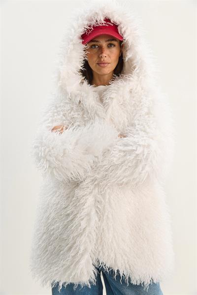 Kadın Çift Düğme Detaylı Kapüşonlu Astarlı Tibet Kaban 2765 60281119 - Beyaz