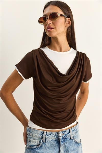 Kadın Çift Kat Görünümlü Degaje Yaka Kısa Kol T-Shirt 6140 60286132 - Acı Kahve