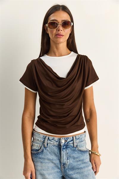 Kadın Çift Kat Görünümlü Degaje Yaka Kısa Kol T-Shirt 6140 60286132 - Acı Kahve