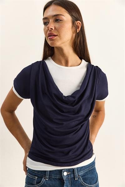 Kadın Çift Kat Görünümlü Degaje Yaka Kısa Kol T-Shirt 6140 60286132 - Lacivert