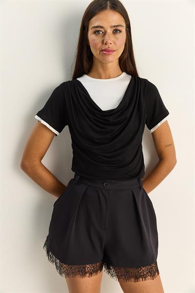 Kadın Çift Kat Görünümlü Degaje Yaka Kısa Kol T-Shirt 6140 60286132 - Siyah