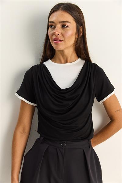 Kadın Çift Kat Görünümlü Degaje Yaka Kısa Kol T-Shirt 6140 60286132 - Siyah