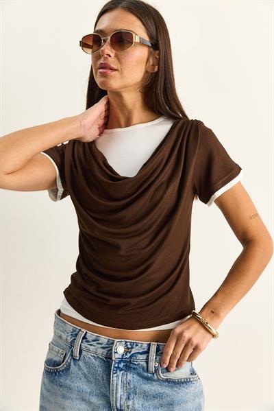 Kadın Çift Kat Görünümlü Degaje Yaka Kısa Kol T-Shirt 6140 60286132 - Acı Kahve