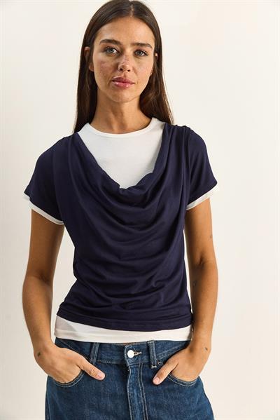 Kadın Çift Kat Görünümlü Degaje Yaka Kısa Kol T-Shirt 6140 60286132 - Lacivert