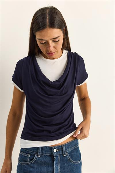 Kadın Çift Kat Görünümlü Degaje Yaka Kısa Kol T-Shirt 6140 60286132 - Lacivert