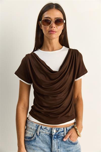 Kadın Çift Kat Görünümlü Degaje Yaka Kısa Kol T-Shirt 6140 60286132 - Acı Kahve