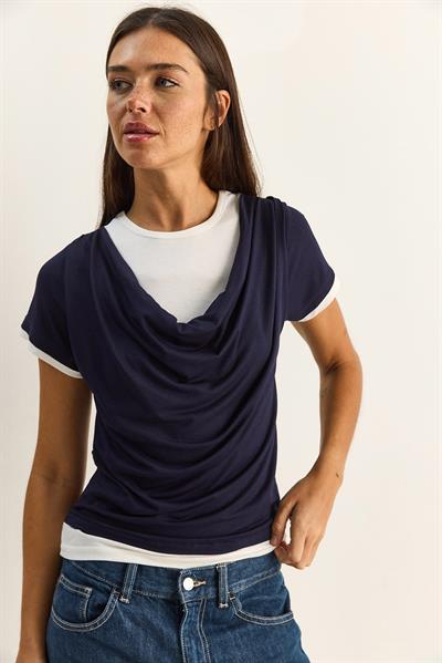 Kadın Çift Kat Görünümlü Degaje Yaka Kısa Kol T-Shirt 6140 60286132 - Lacivert
