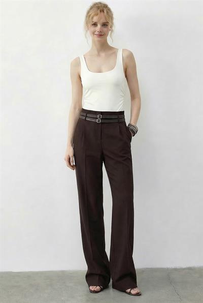 Kadın Çift Kemer Detaylı Cepli Yüksek Bel Palazzo Pantolon 347 60286046 - Acı Kahve