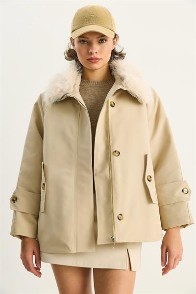 Kadın Çıkarılabilir Kürk Yaka Su İtici Özellikli Şişme Kaban 60568 60283745 - Taş