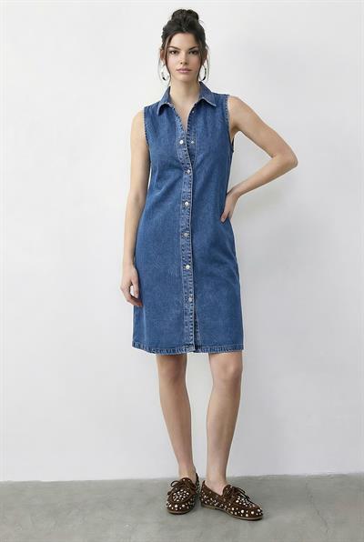 Kadın Çıtçıt Kapamalı Cep Detaylı Gömlek Yaka Denim Elbise 5534 60286004 - Mavi