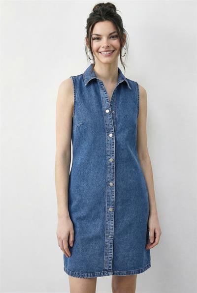 Kadın Çıtçıt Kapamalı Cep Detaylı Gömlek Yaka Denim Elbise 5534 60286004 - Mavi
