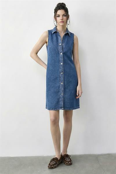 Kadın Çıtçıt Kapamalı Cep Detaylı Gömlek Yaka Denim Elbise 5534 60286004 - Mavi