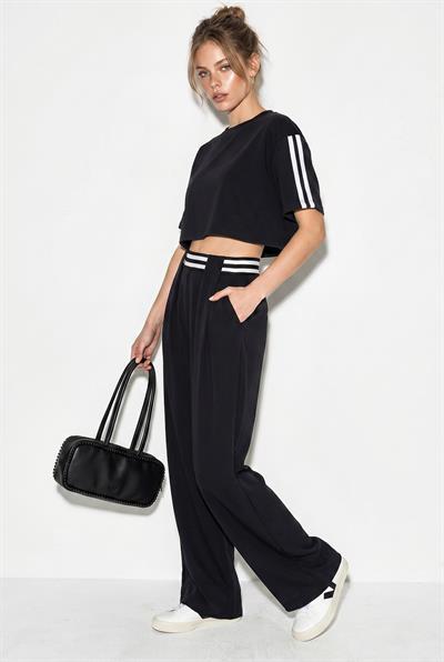 Kadın Çizgi Detaylı Crop Bluzlu Yüksek Bel Modal Takım 4136 60286285 - Siyah