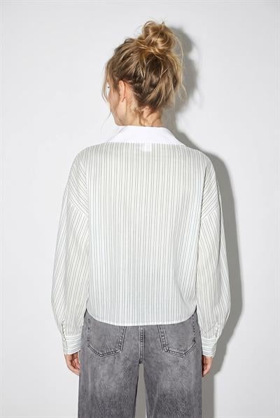 Kadın Çizgili Bağlama Detaylı Oversize Gömlek 2219 60286205 - Beyaz-Yeşil