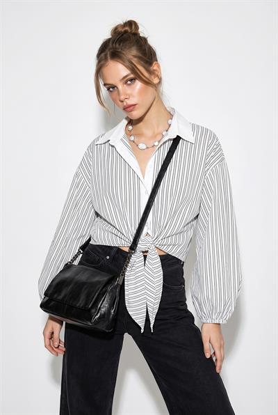 Kadın Çizgili Bağlama Detaylı Oversize Gömlek 2219 60286205 - Beyaz-Siyah
