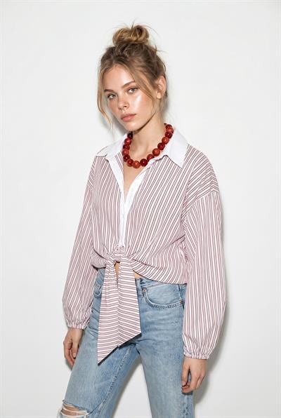 Kadın Çizgili Bağlama Detaylı Oversize Gömlek 2219 60286205 - Beyaz-Bordo