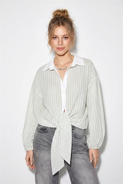Kadın Çizgili Bağlama Detaylı Oversize Gömlek 2219 60286205 - Beyaz-Yeşil